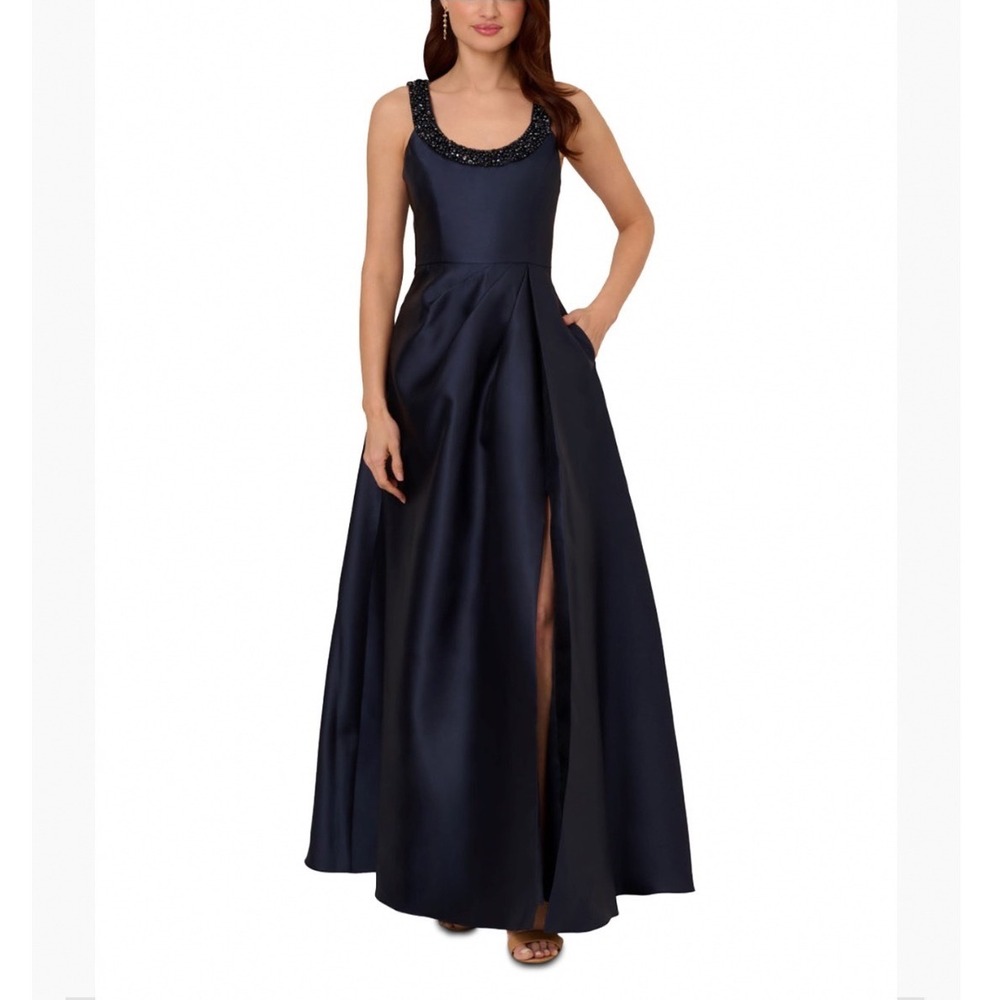 Adrianna Papell Beaded Neckline Mikado Gown Midnight Navy Blue Size 4 AP1E211902